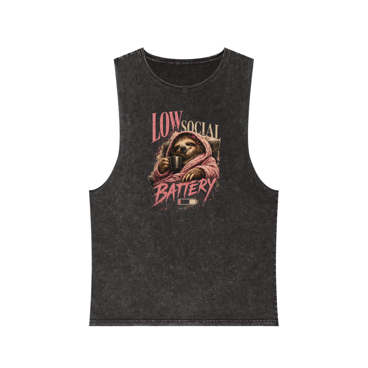 Low Social Battery — Front Print Stonewash Tank — Black Stone — printed front