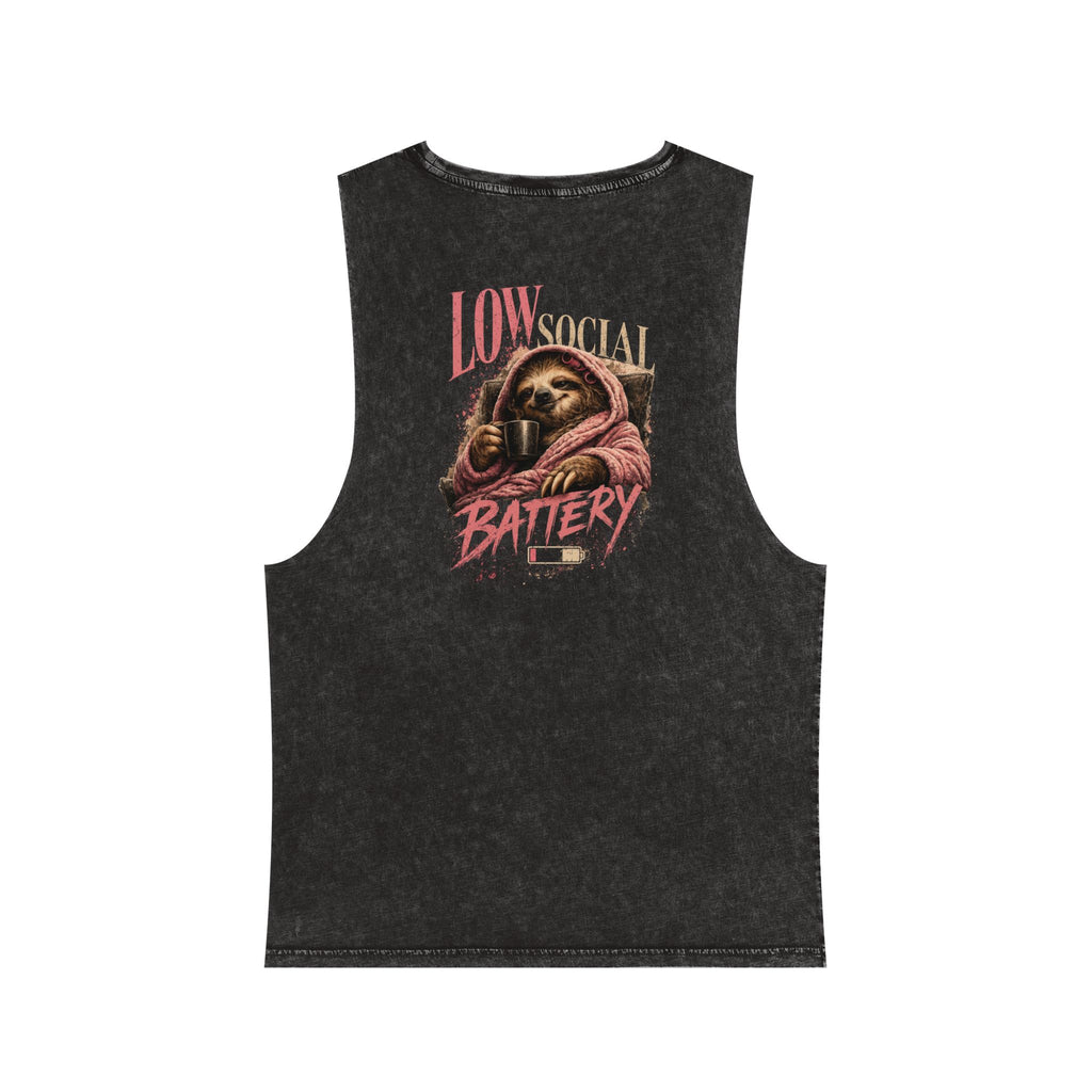 Low Social Battery — Back Print Stonewash Tank — Black Stone — printed back