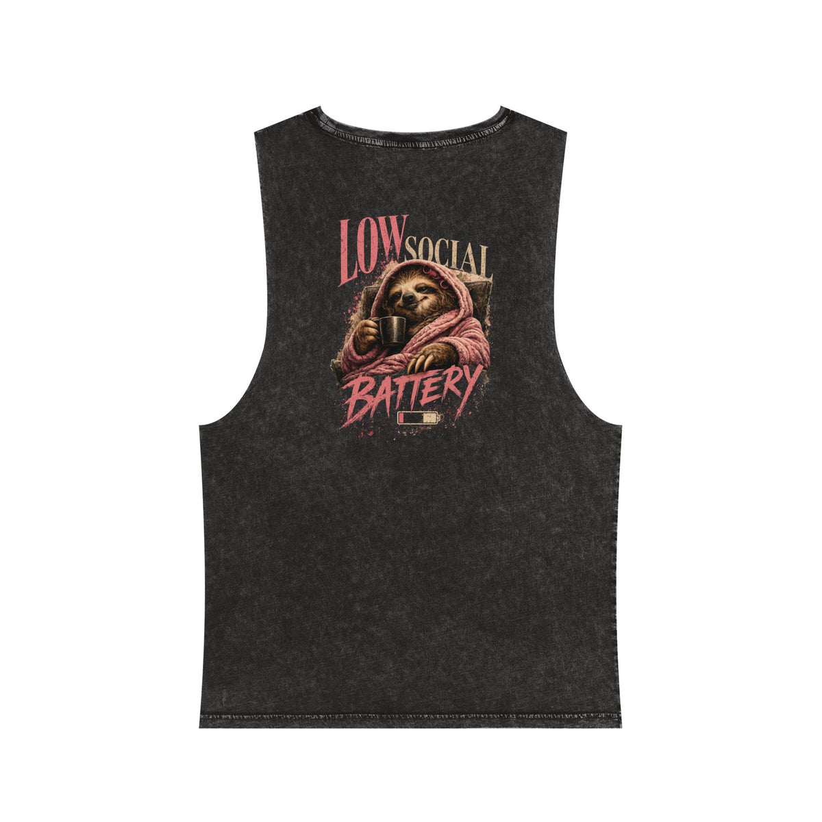 Low Social Battery — Back Print Stonewash Tank — Black Stone — printed back