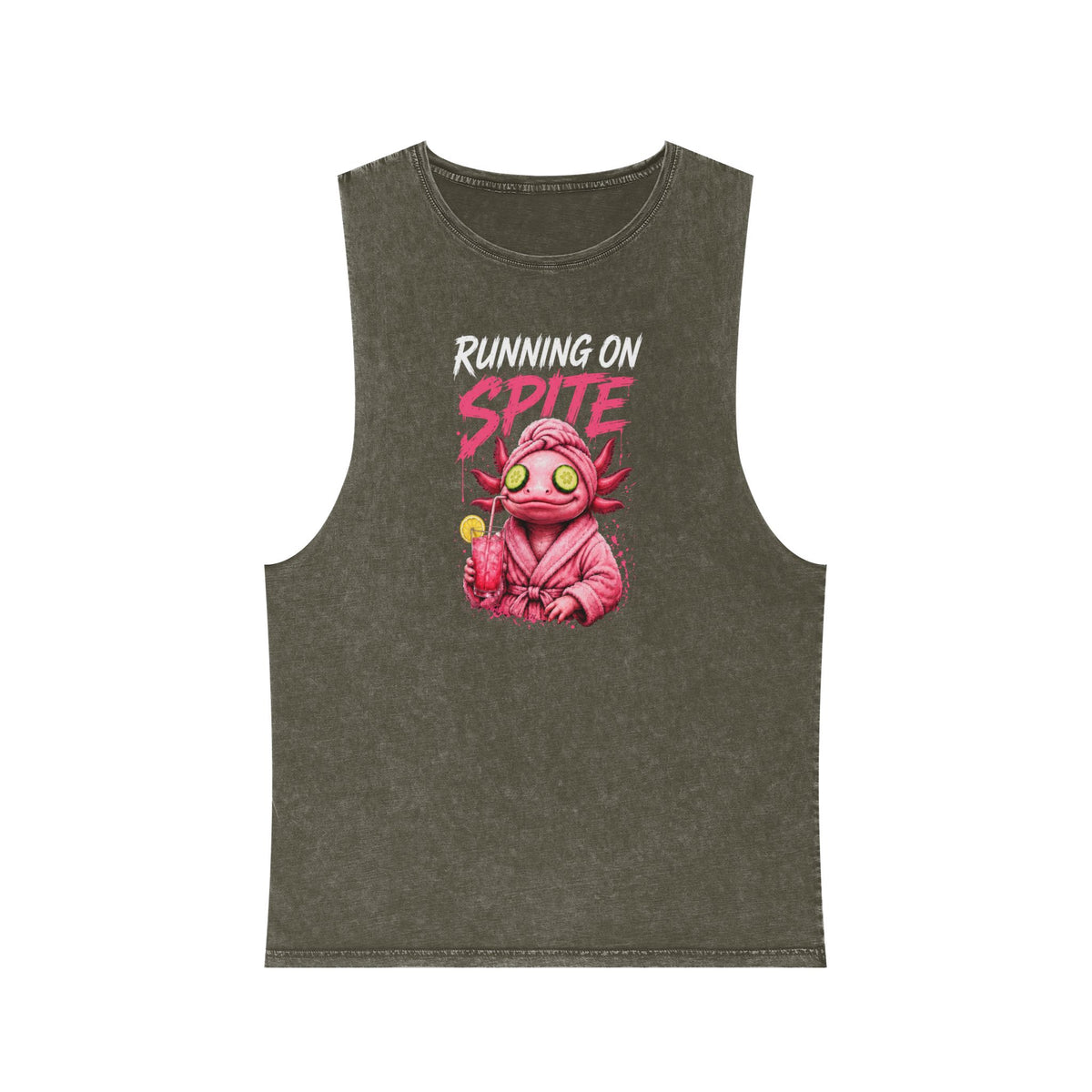 Running on Spite — Front Print Stonewash Tank — Moss Stone — printed front