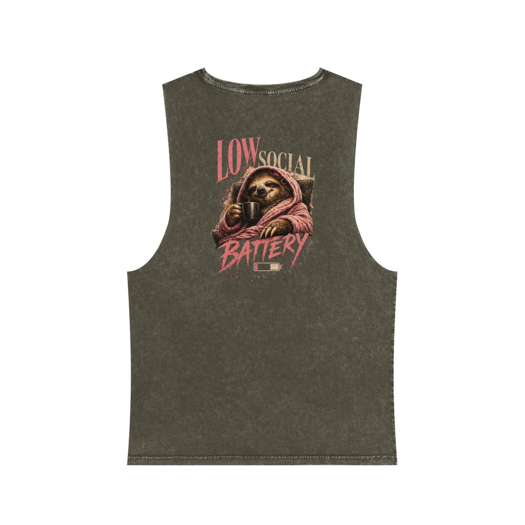 Low Social Battery — Back Print Stonewash Tank — Moss Stone — printed back