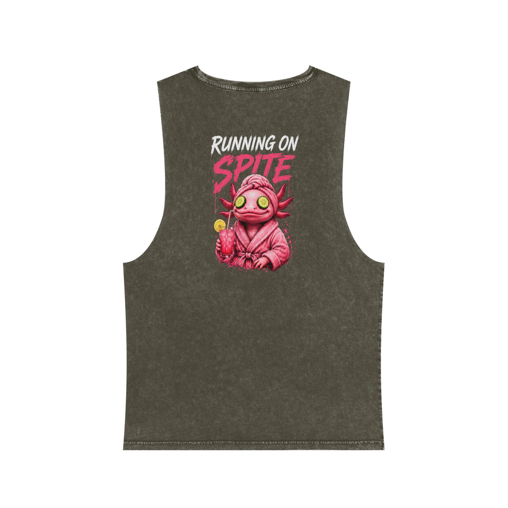 Running on Spite — Back Print Stonewash Tank — Moss Stone — printed back