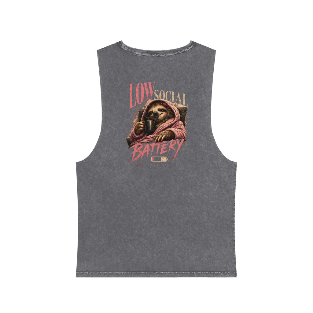 Low Social Battery — Back Print Stonewash Tank — Ash Stone — printed back