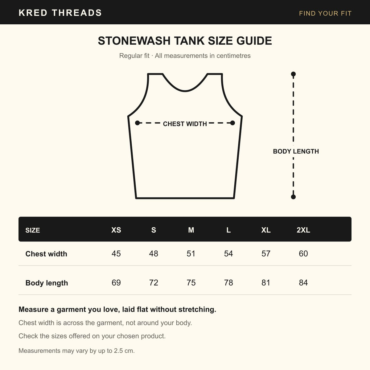 KRED stonewash tank size guide — centimetres