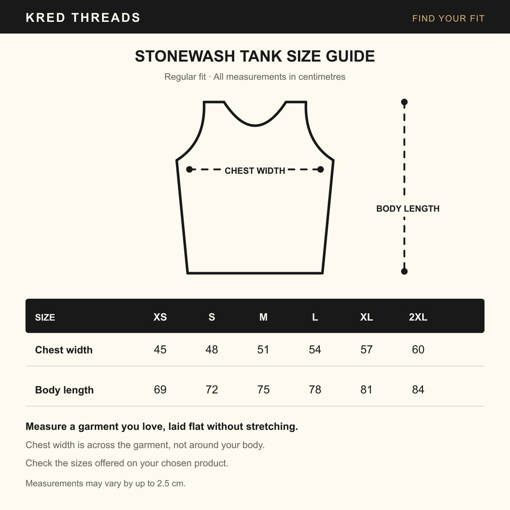 KRED stonewash tank size guide — centimetres