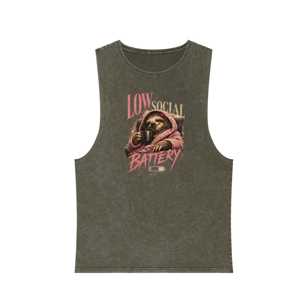 Low Social Battery — Front Print Stonewash Tank — Moss Stone — printed front