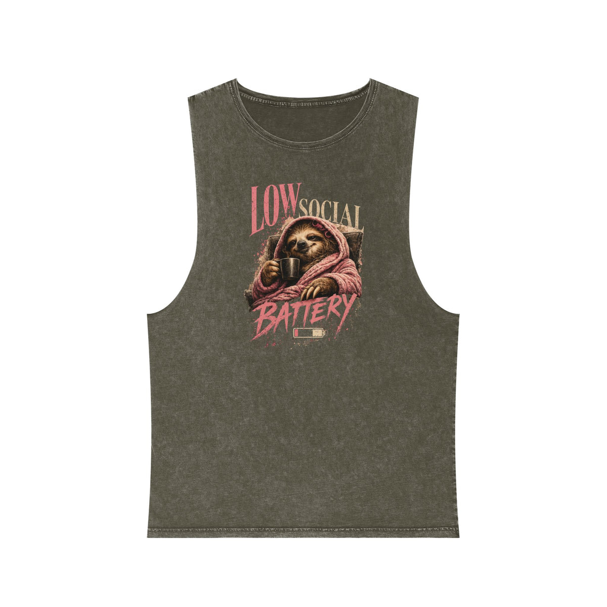 Low Social Battery — Front Print Stonewash Tank — Moss Stone — printed front