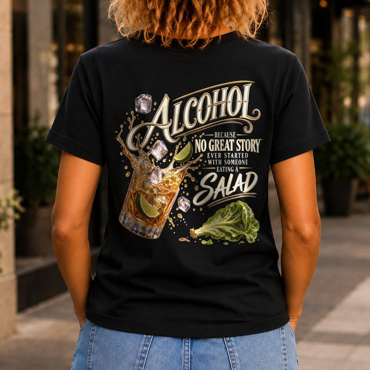 No Great Story Started With A Salad graphic printed on the back of a black KRED Threads premium tee
