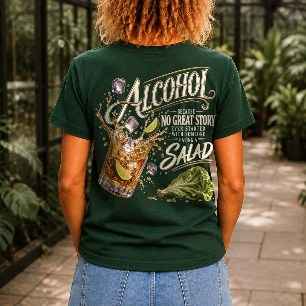 No Great Story Started With A Salad graphic printed on the back of a forest green KRED Threads premium tee