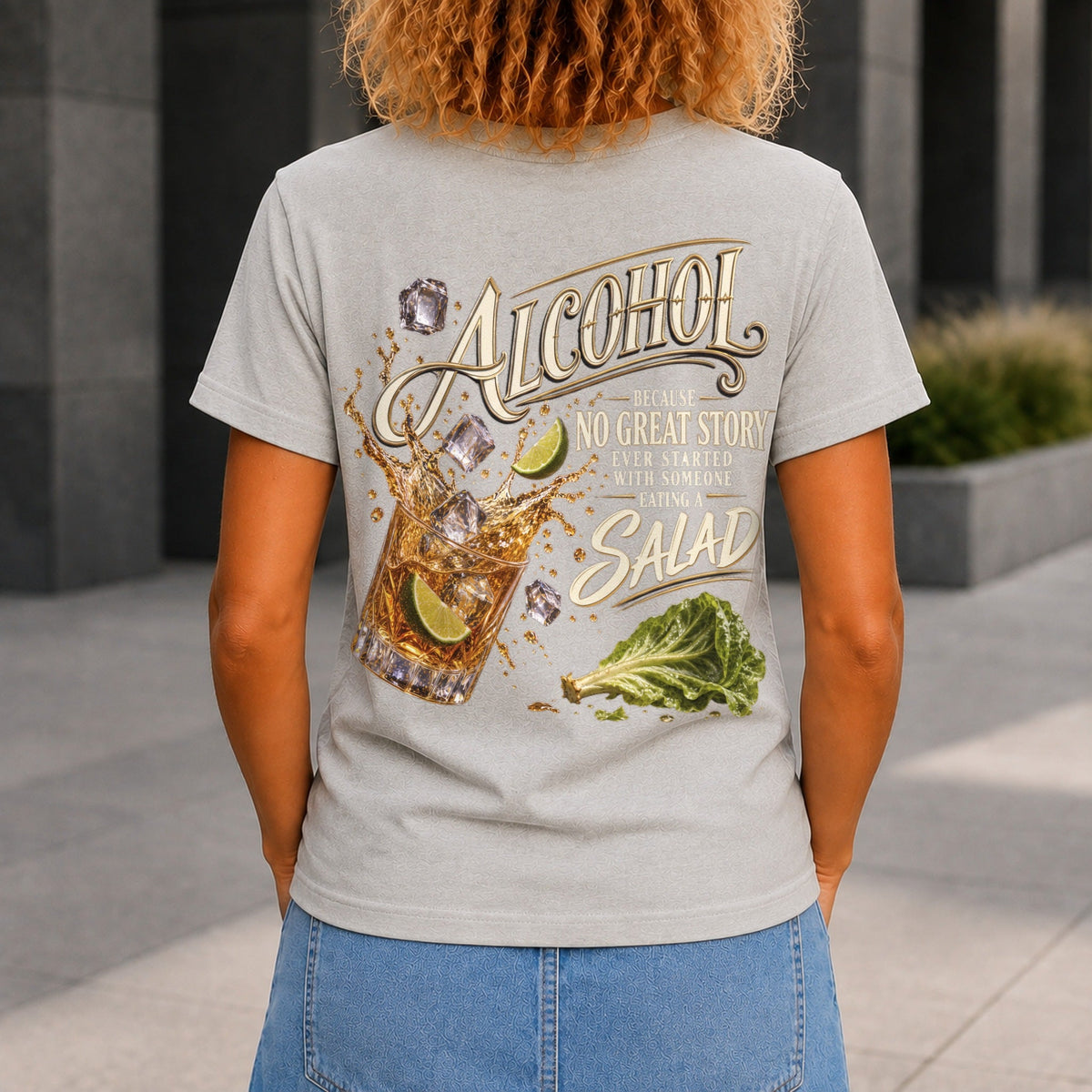 No Great Story Started With A Salad graphic printed on the back of a grey marble KRED Threads premium tee