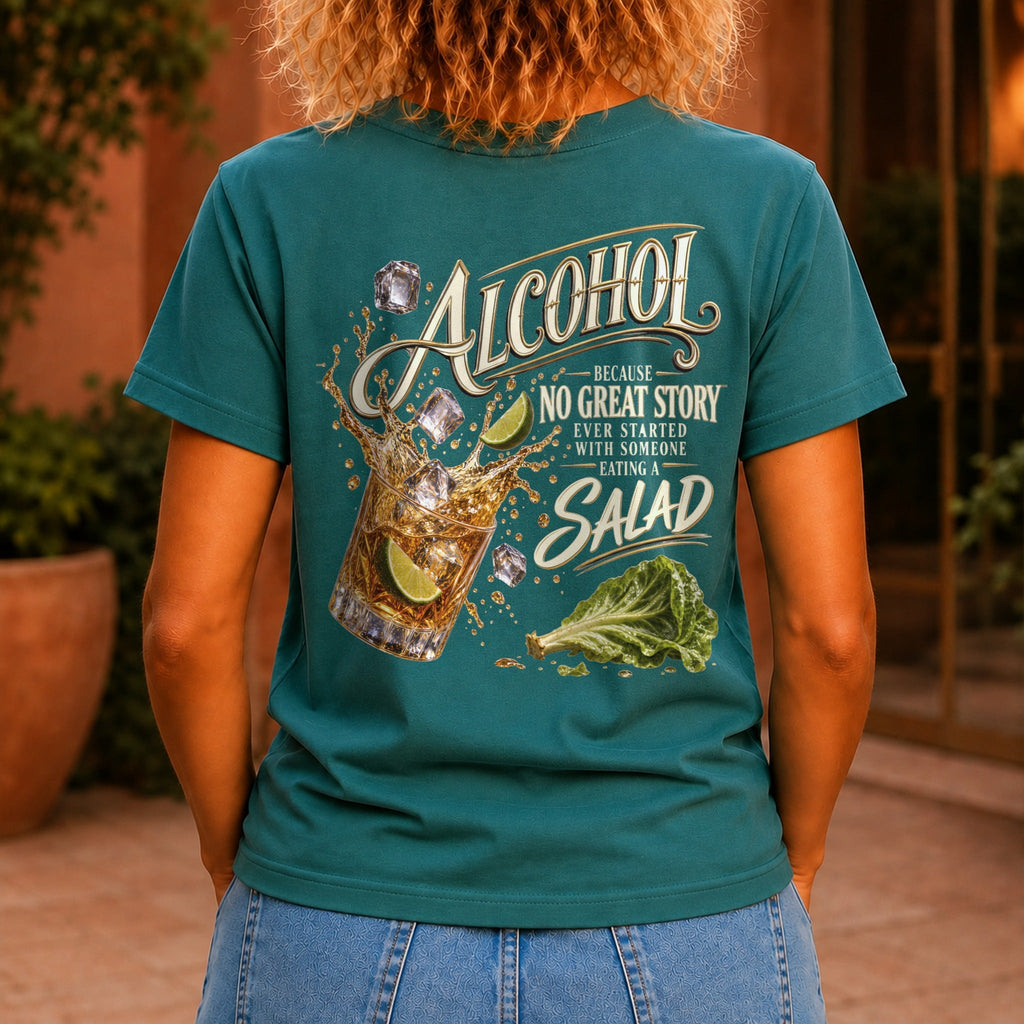 No Great Story Started With A Salad graphic printed on the back of a jade KRED Threads premium tee