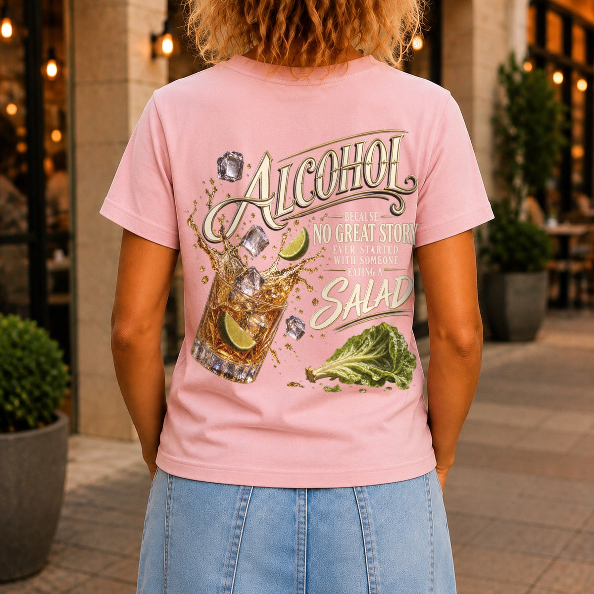 No Great Story Started With A Salad graphic printed on the back of a pink KRED Threads premium tee