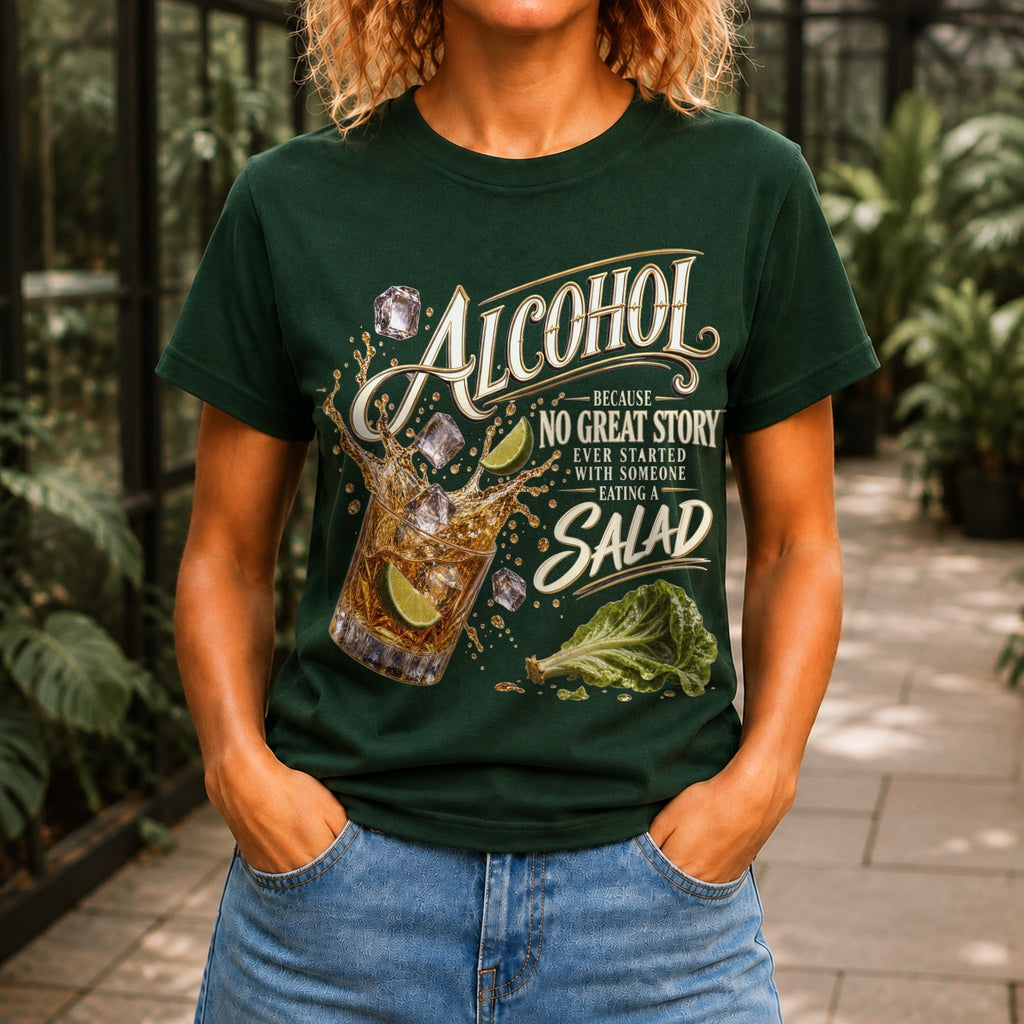 No Great Story Started With A Salad graphic printed on the front of a forest green KRED Threads premium tee