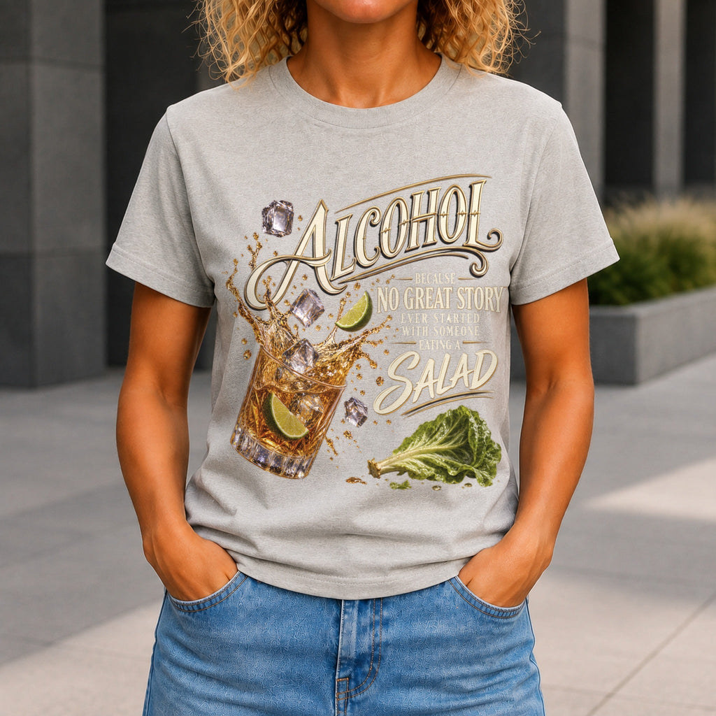 No Great Story Started With A Salad graphic printed on the front of a grey marble KRED Threads premium tee