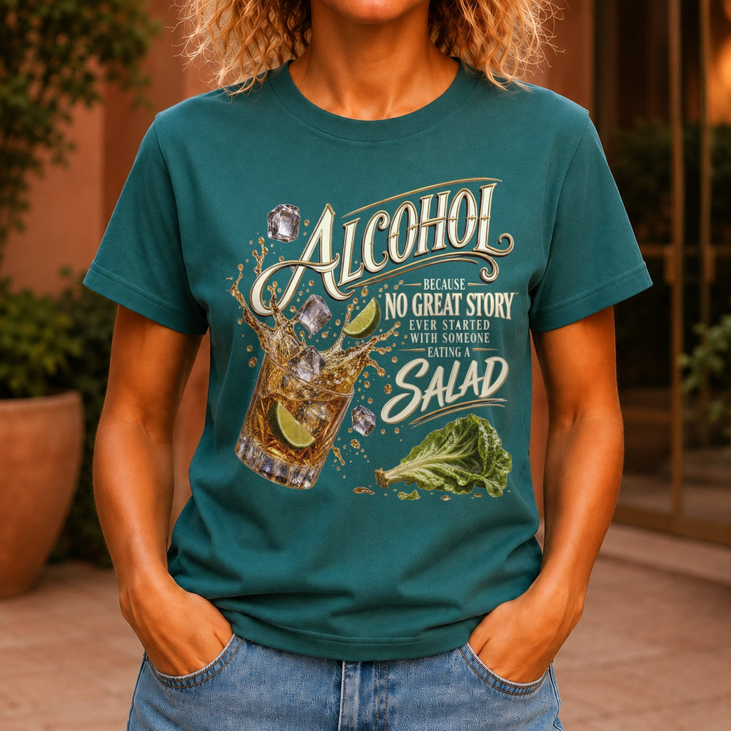 No Great Story Started With A Salad graphic printed on the front of a jade KRED Threads premium tee