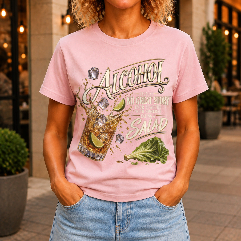 No Great Story Started With A Salad graphic printed on the front of a pink KRED Threads premium tee