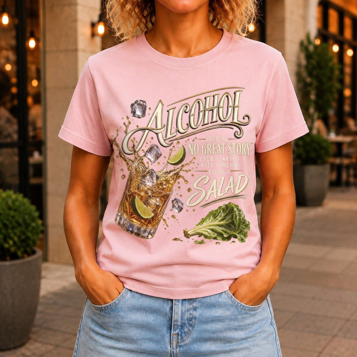 No Great Story Started With A Salad graphic printed on the front of a pink KRED Threads premium tee