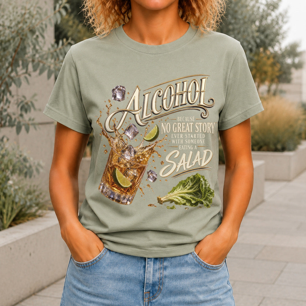 No Great Story Started With A Salad graphic printed on the front of a sage KRED Threads premium tee