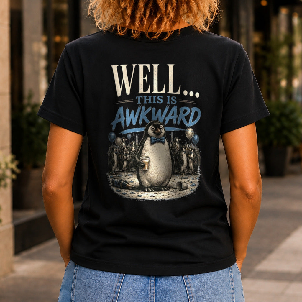 Well... This Is Awkward graphic printed on the back of a black KRED Threads premium tee
