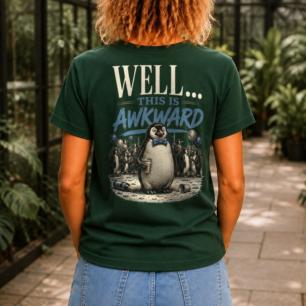 Well... This Is Awkward graphic printed on the back of a forest green KRED Threads premium tee