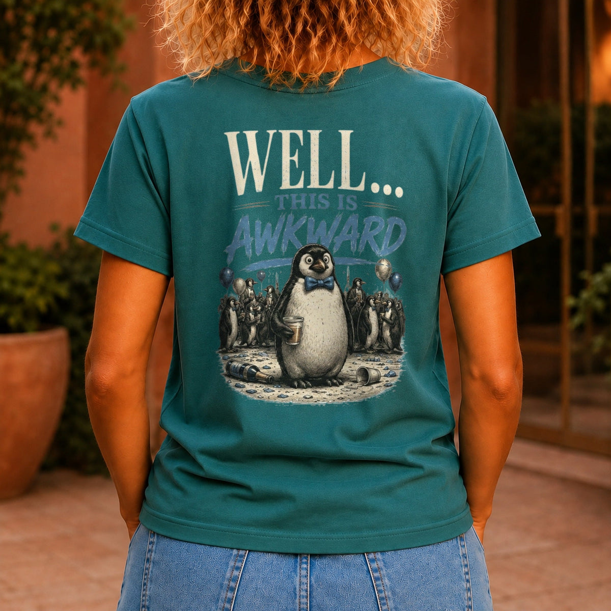 Well... This Is Awkward graphic printed on the back of a jade KRED Threads premium tee