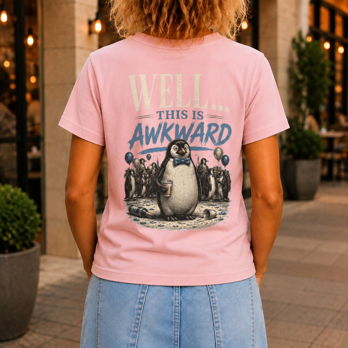Well... This Is Awkward graphic printed on the back of a pink KRED Threads premium tee
