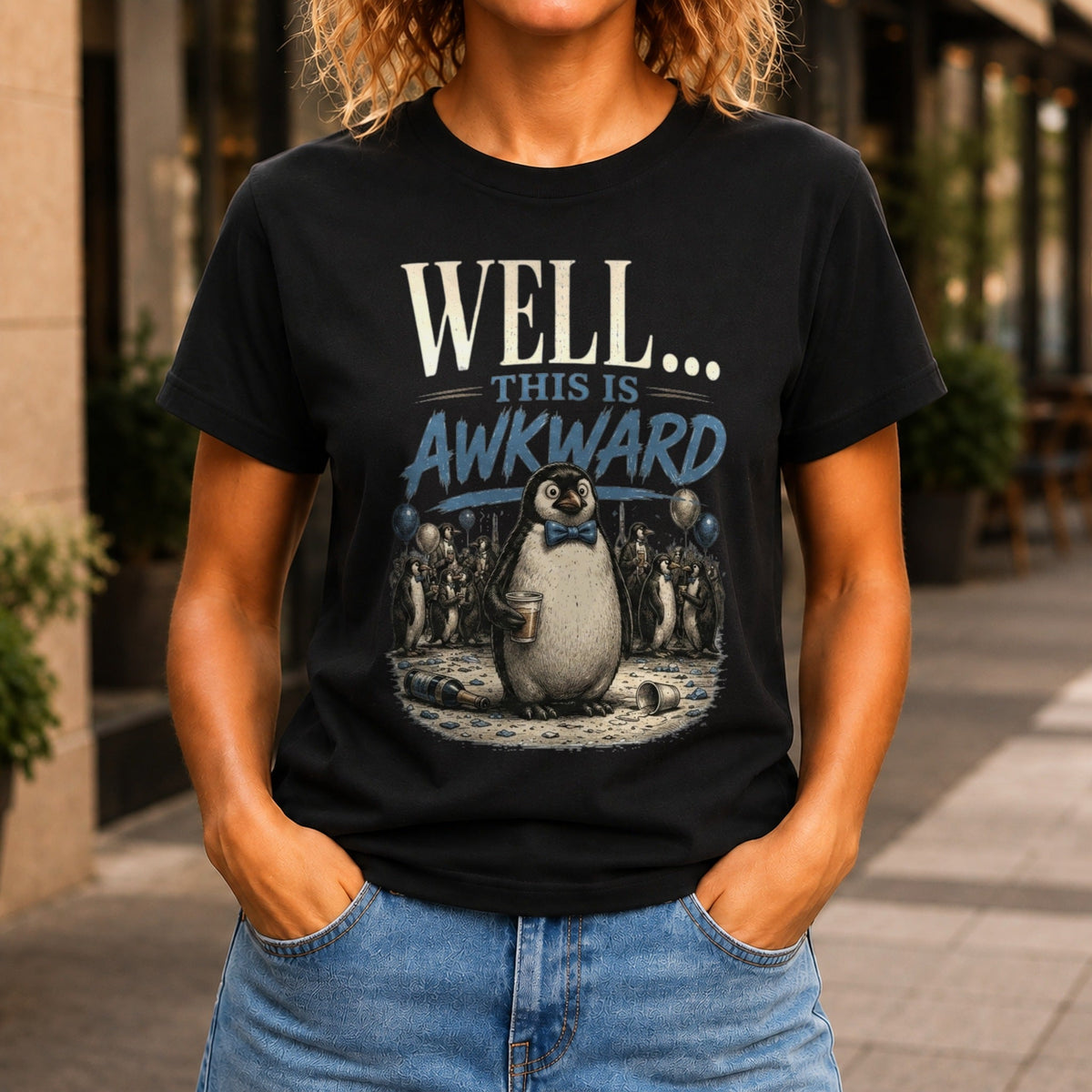 Well... This Is Awkward graphic printed on the front of a black KRED Threads premium tee