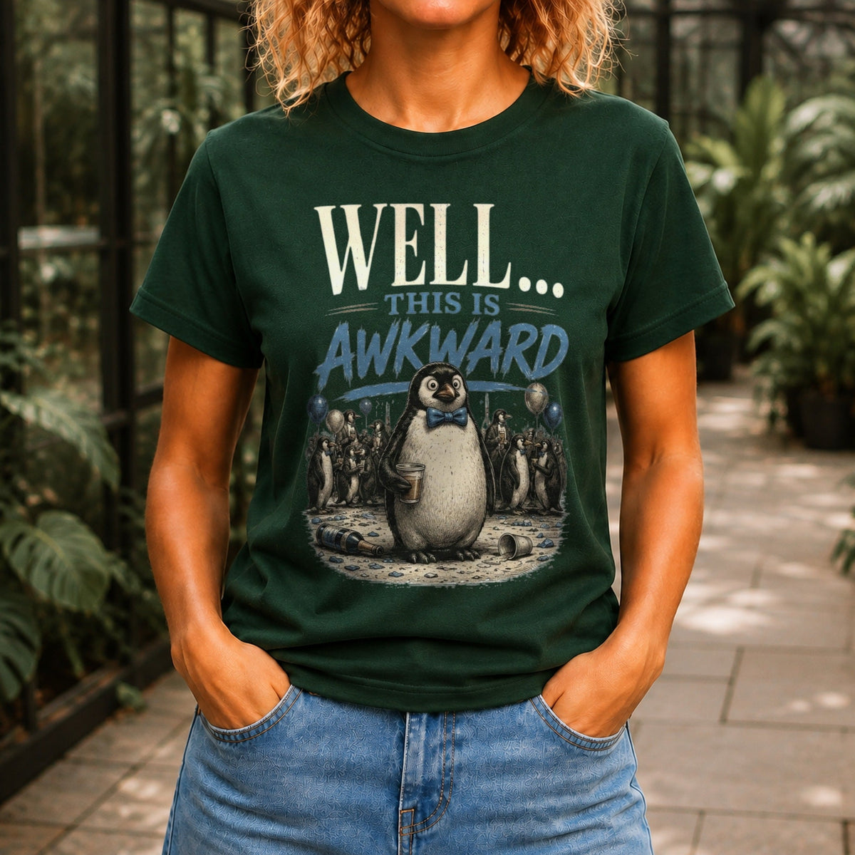 Well... This Is Awkward graphic printed on the front of a forest green KRED Threads premium tee