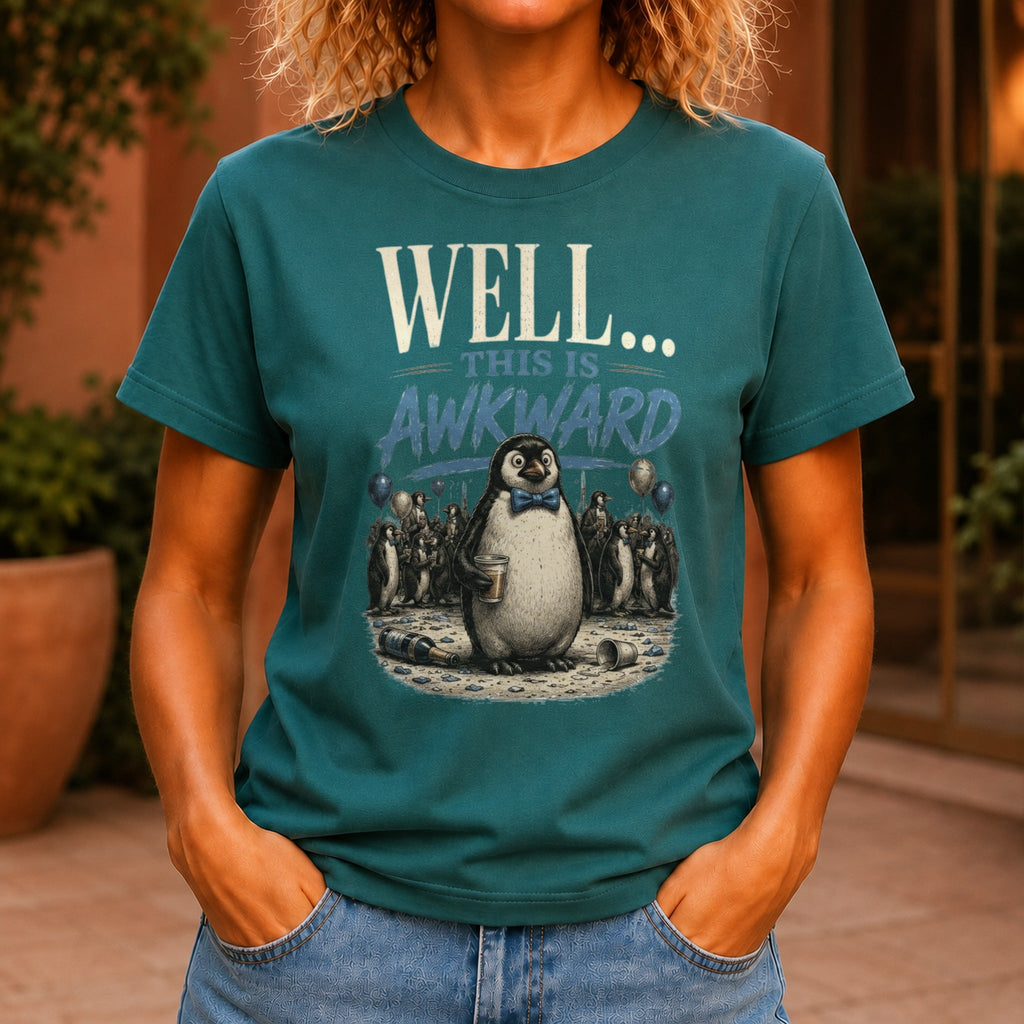 Well... This Is Awkward graphic printed on the front of a jade KRED Threads premium tee