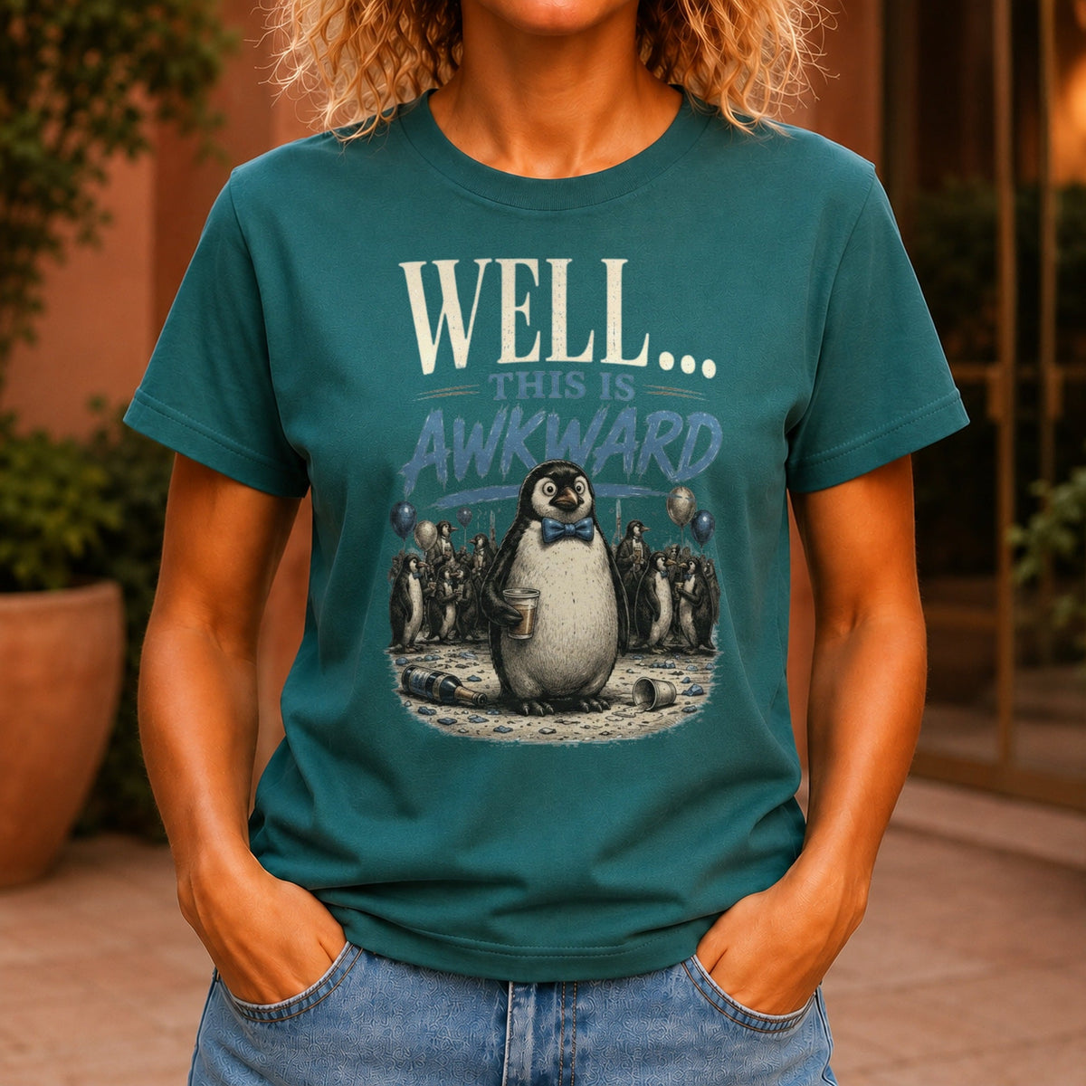 Well... This Is Awkward graphic printed on the front of a jade KRED Threads premium tee
