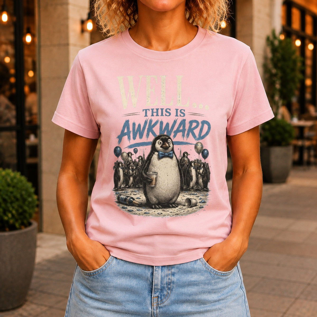 Well... This Is Awkward graphic printed on the front of a pink KRED Threads premium tee