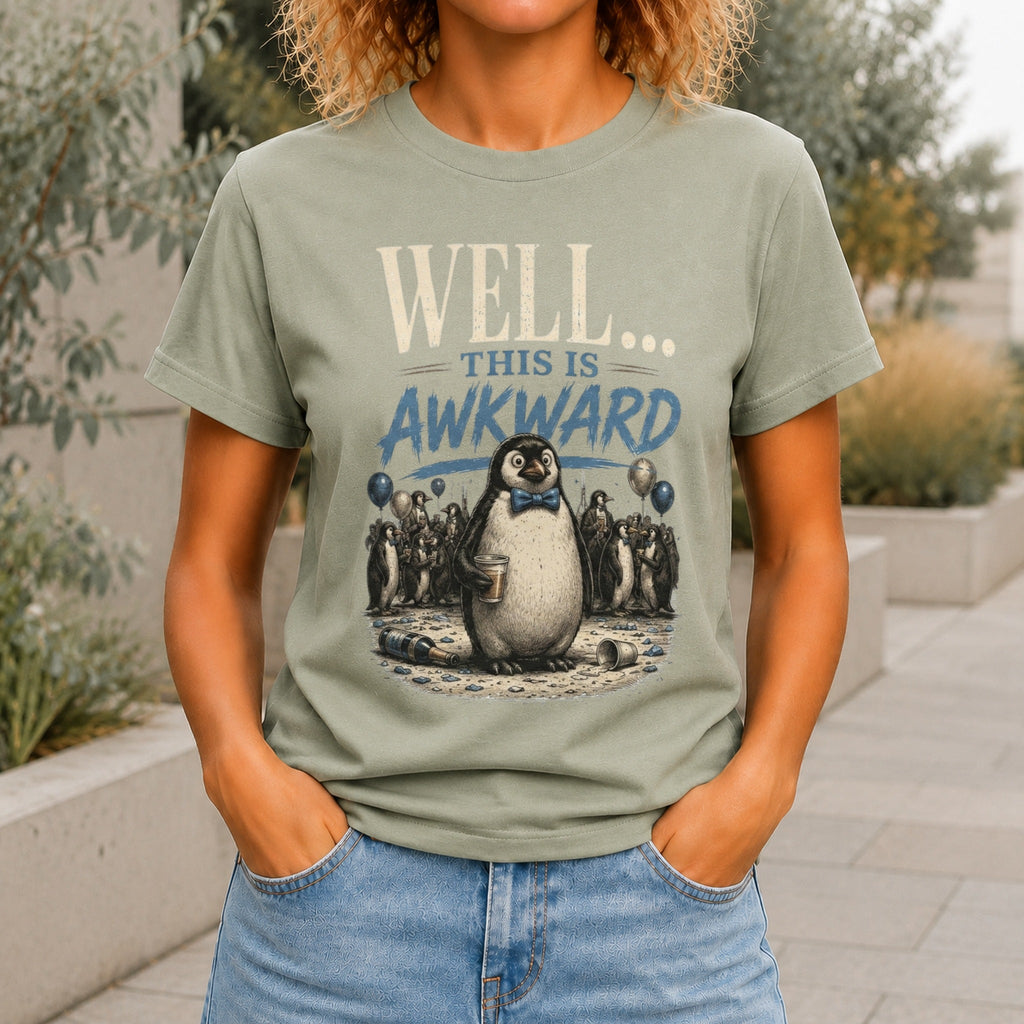 Well... This Is Awkward graphic printed on the front of a sage KRED Threads premium tee