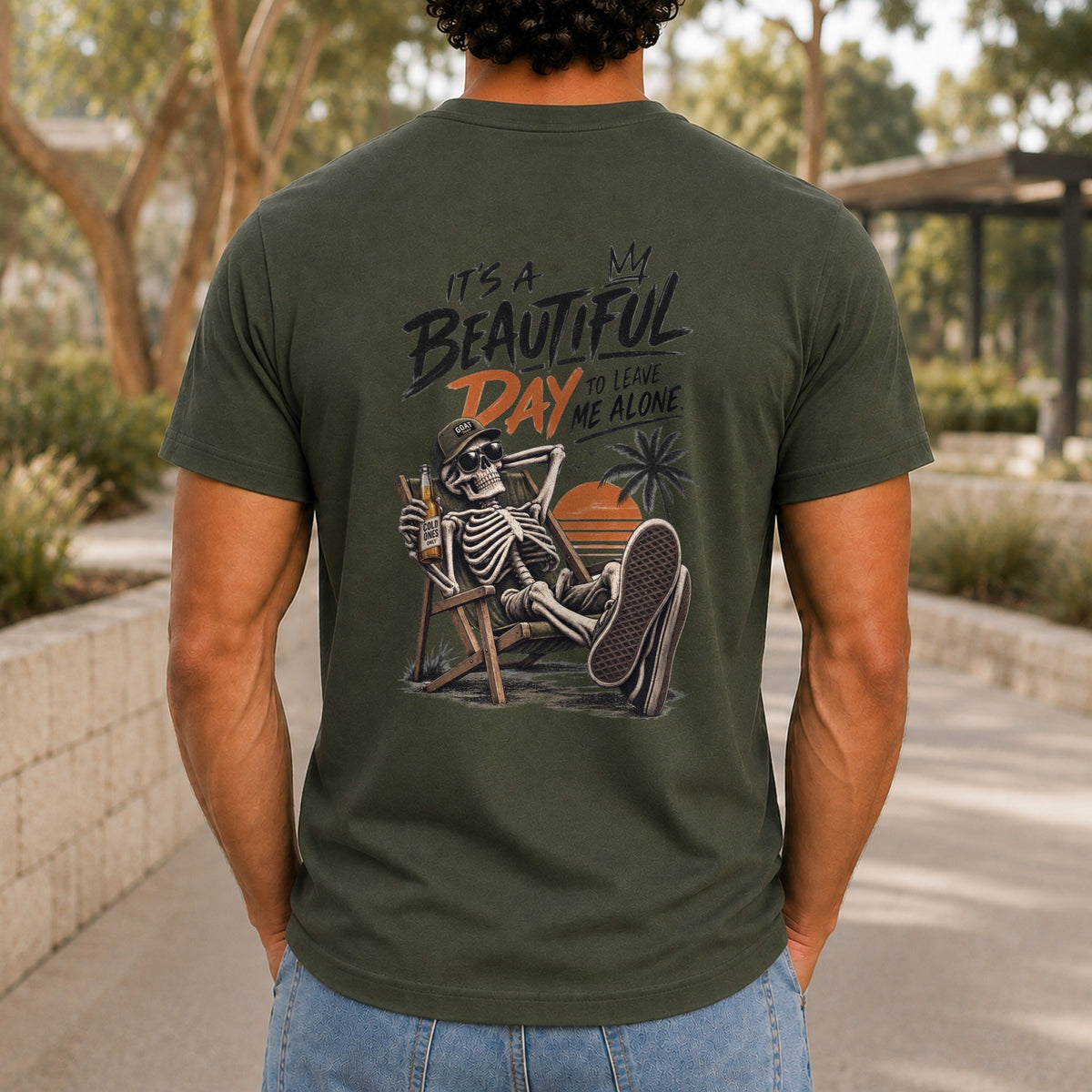 A Beautiful Day To Leave Me Alone graphic printed on the back of an army KRED Threads premium tee