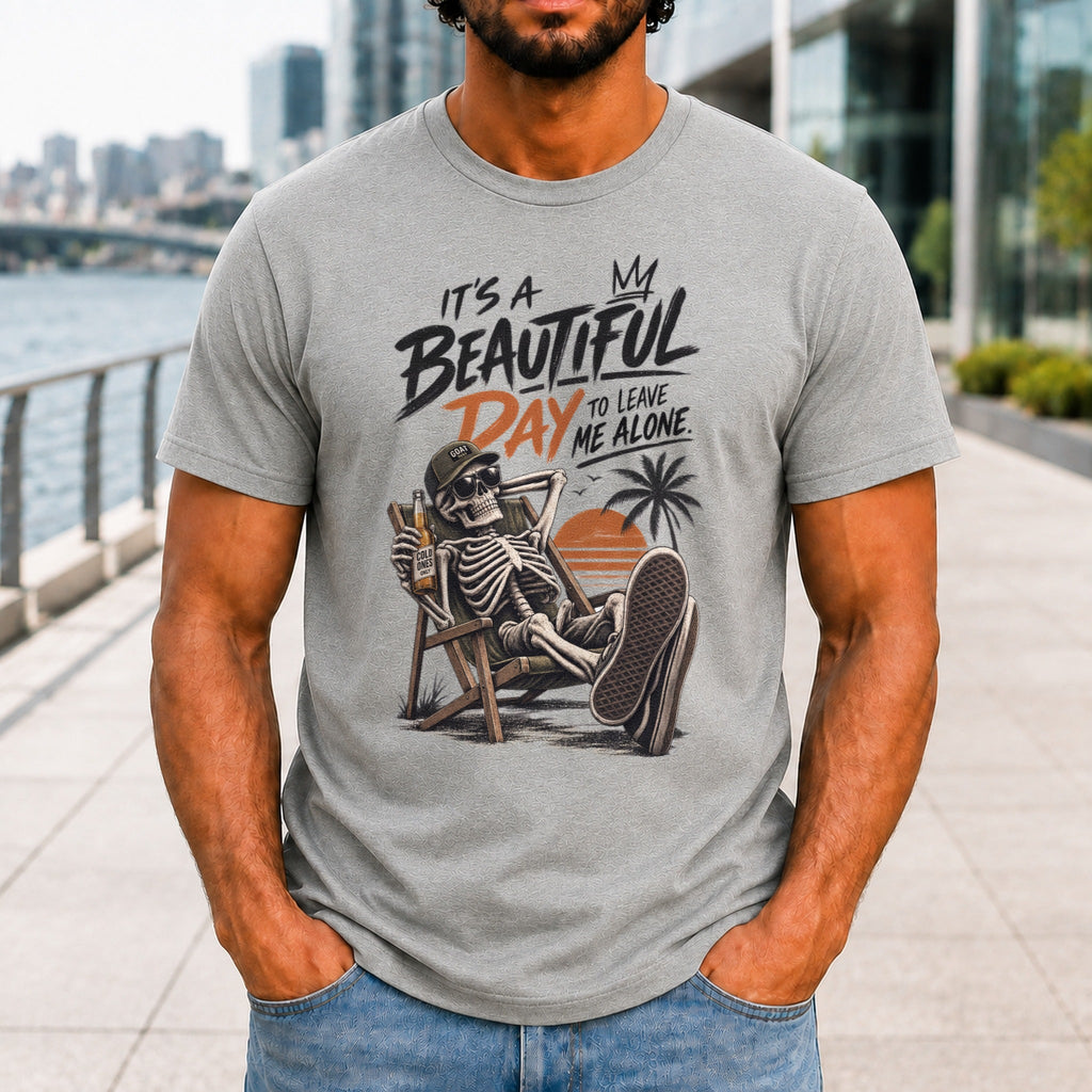 A Beautiful Day To Leave Me Alone graphic printed on the front of an athletic heather KRED Threads premium tee