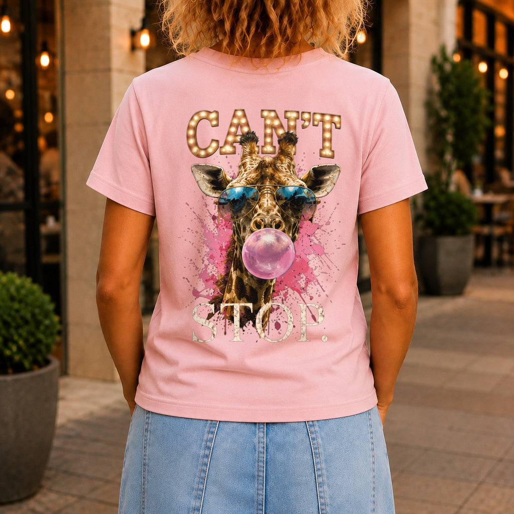 Can't Stop graphic printed on the back of a pink KRED Threads premium tee