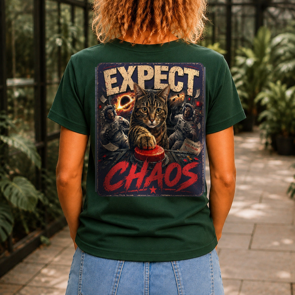 Expect Chaos graphic printed on the back of a forest green KRED Threads premium tee