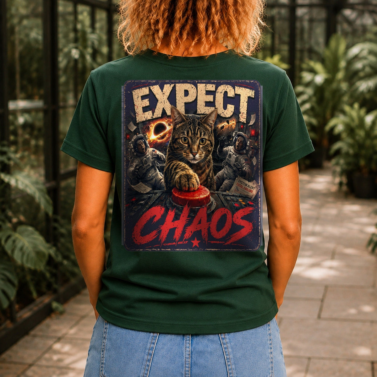 Expect Chaos graphic printed on the back of a forest green KRED Threads premium tee