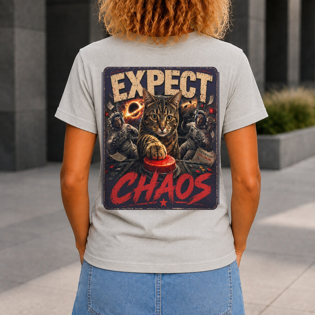Expect Chaos graphic printed on the back of a grey marble KRED Threads premium tee