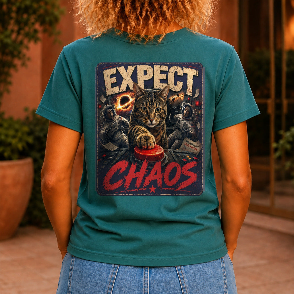 Expect Chaos graphic printed on the back of a jade KRED Threads premium tee