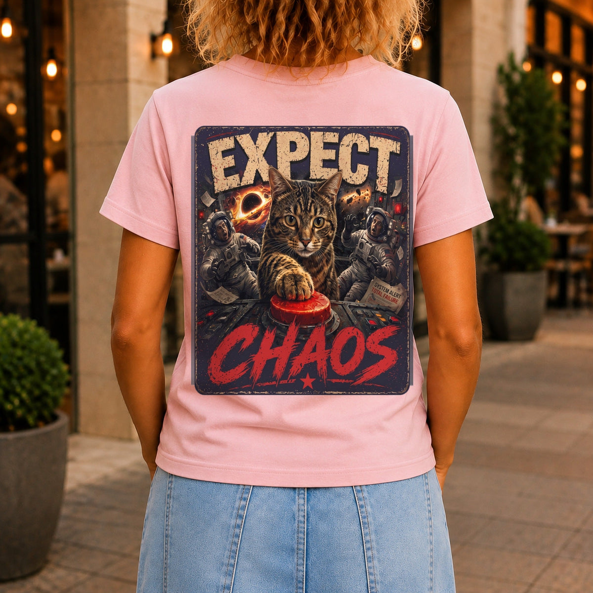 Expect Chaos graphic printed on the back of a pink KRED Threads premium tee