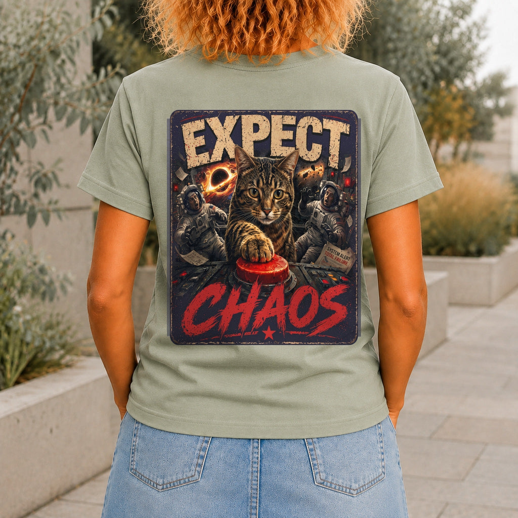 Expect Chaos graphic printed on the back of a sage KRED Threads premium tee