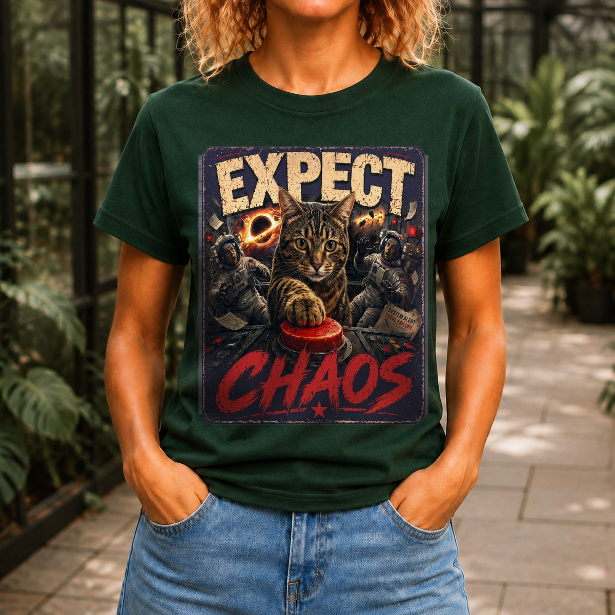 Expect Chaos graphic printed on the front of a forest green KRED Threads premium tee