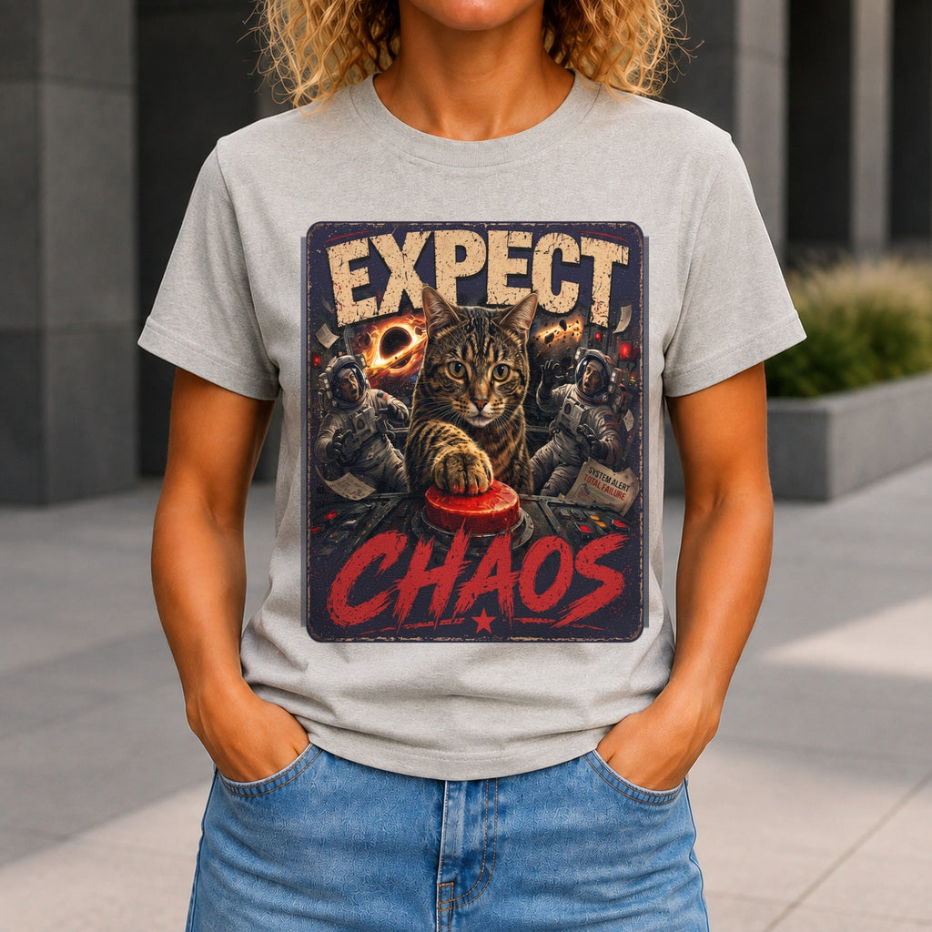 Expect Chaos graphic printed on the front of a grey marble KRED Threads premium tee