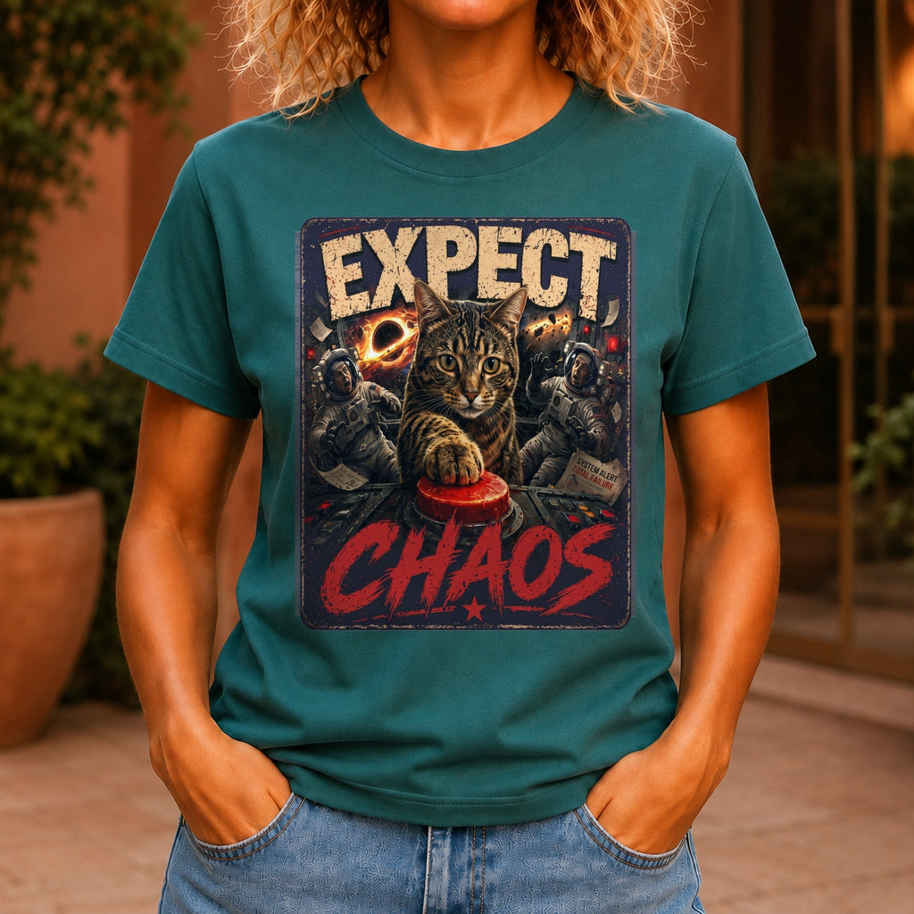 Expect Chaos graphic printed on the front of a jade KRED Threads premium tee