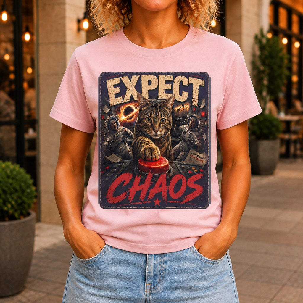 Expect Chaos graphic printed on the front of a pink KRED Threads premium tee