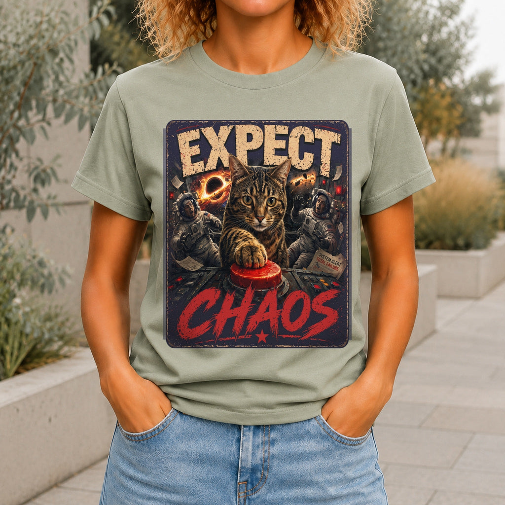 Expect Chaos graphic printed on the front of a sage KRED Threads premium tee