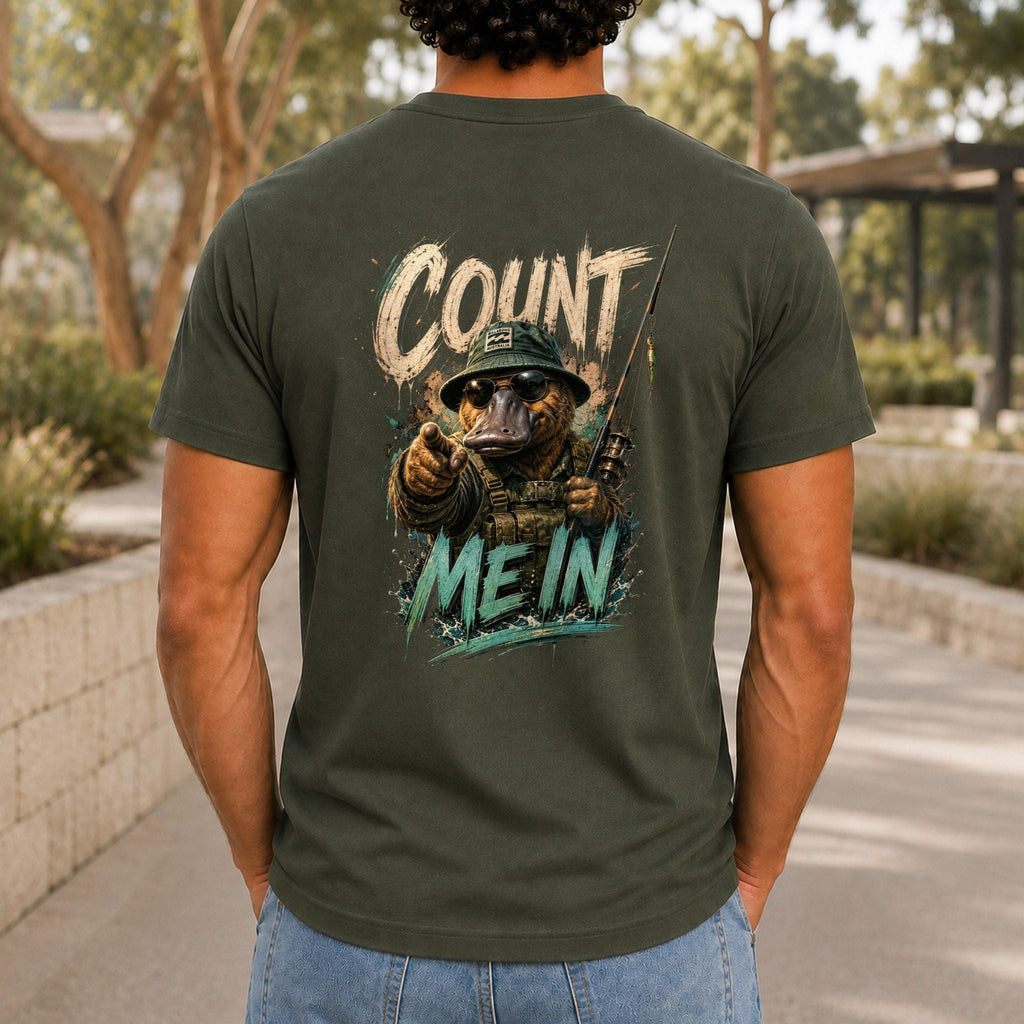 Count Me In Men’s tee in Army, back view
