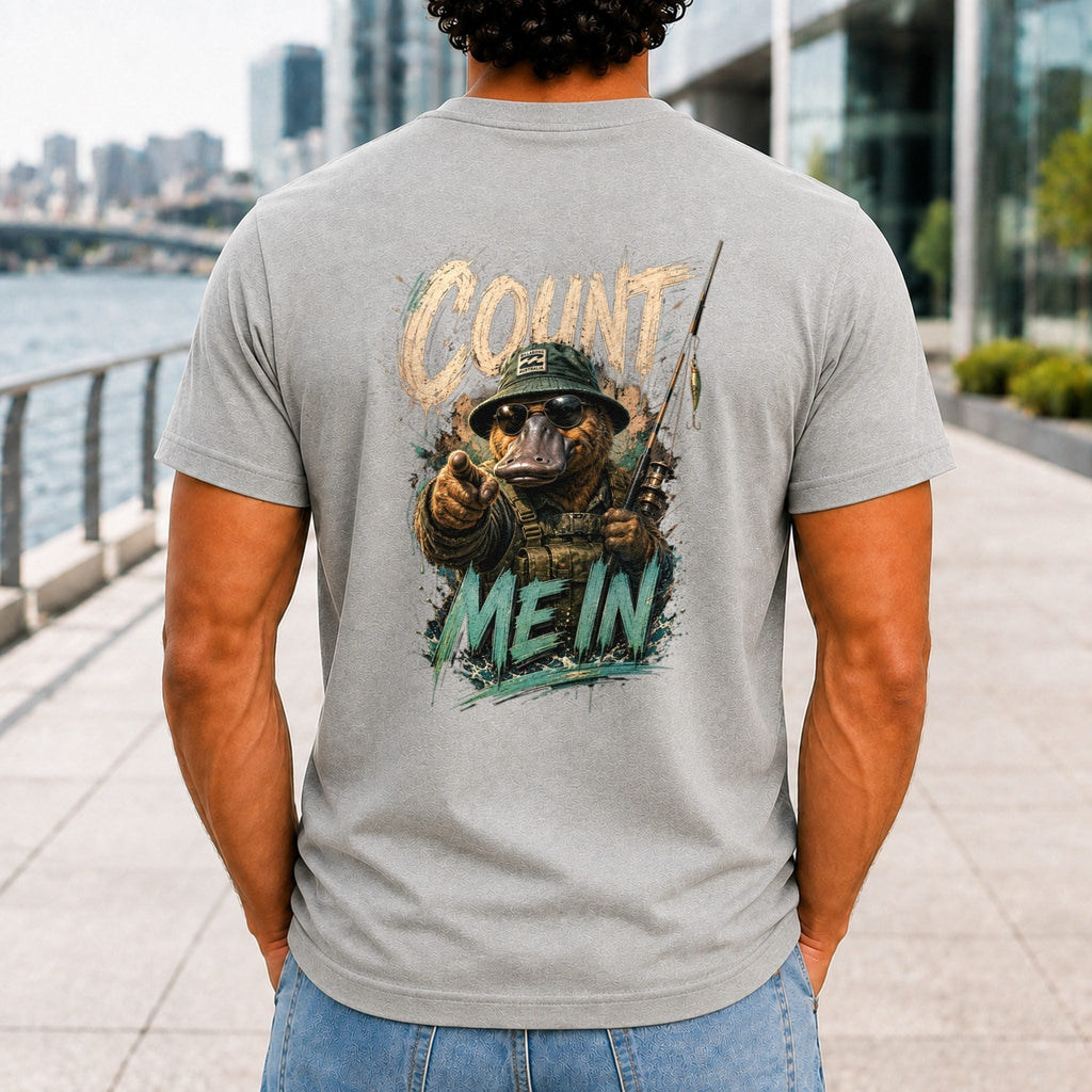 Count Me In Men’s tee in Athletic Heather, back view