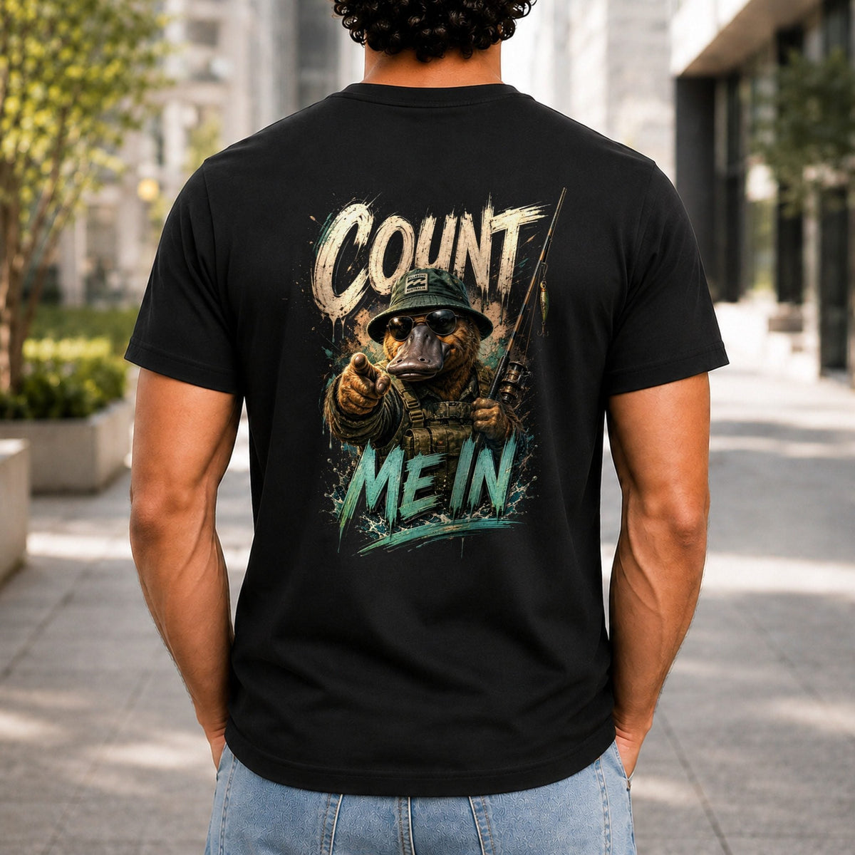 Count Me In Men’s tee in Black, back view