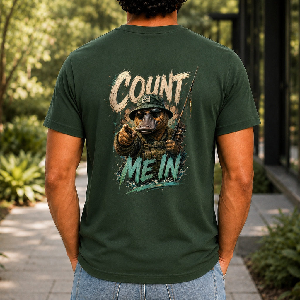 Count Me In Men’s tee in Forest Green, back view